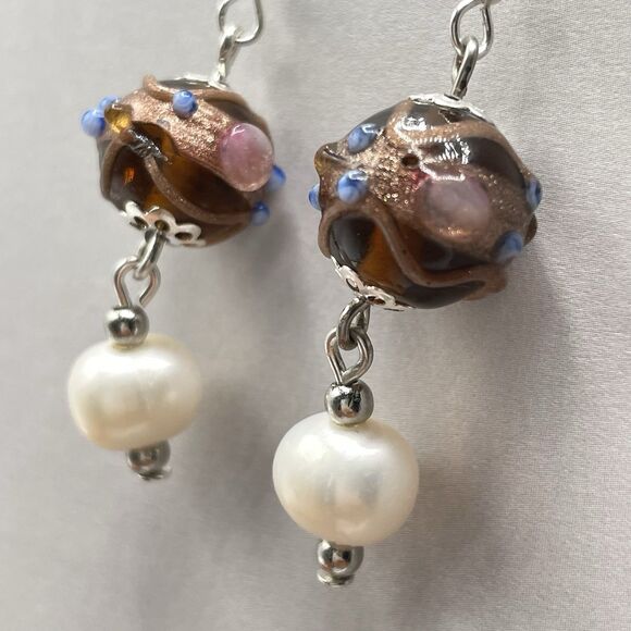 Artisan 925 Sterling Silver Freshwater Pearl Murano Wedding Cake Dangle Earrings - Picture 4 of 7